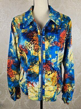 Toni Morgan Size Medium Colorful Abstract Print Zip Front Jacket Pockets Collar